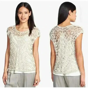 Eileen Fisher Knit Sleeveless Brustroke Satin Tape Stitch Maple Oat Top Size XS